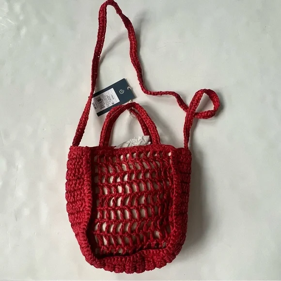 New Universal Thread Spritz Tote Bag Red Woven Paper Straw Crochet Purse Raffia - Picture 7 of 11
